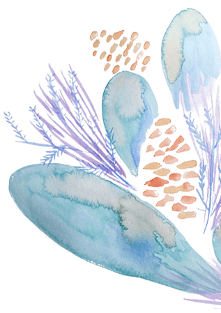 Watercolor floral design with blue petals and lavender accents.