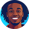 A young man with curly hair smiling against a blue background.