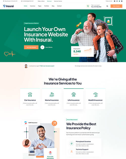 Homepage of Insurai showcasing insurance services and policy options.