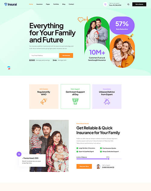 Insurance website homepage promoting family protection with expert support and quick quotes.