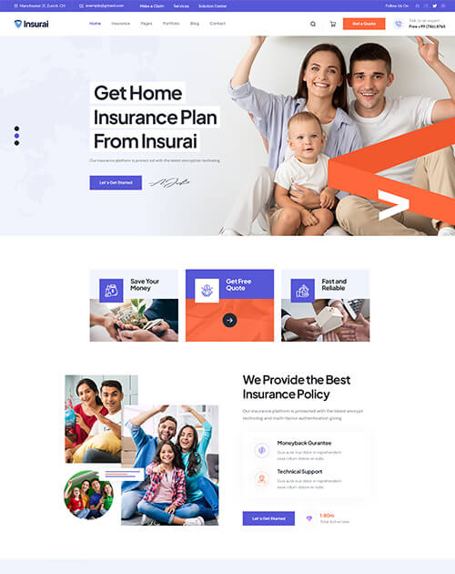 Website homepage offering home insurance plans with family-friendly visuals.