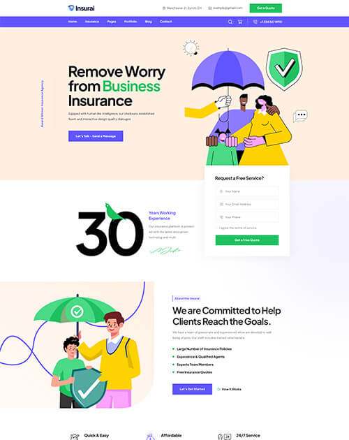 Business insurance website offering worry-free coverage with 30 years experience.