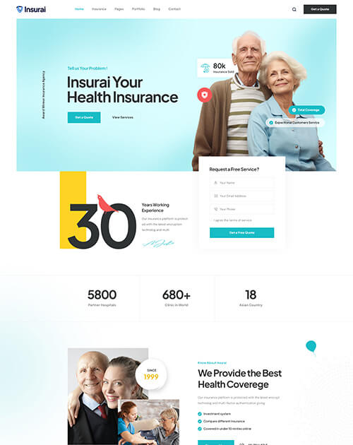 Health insurance website homepage featuring elderly couple and service statistics.