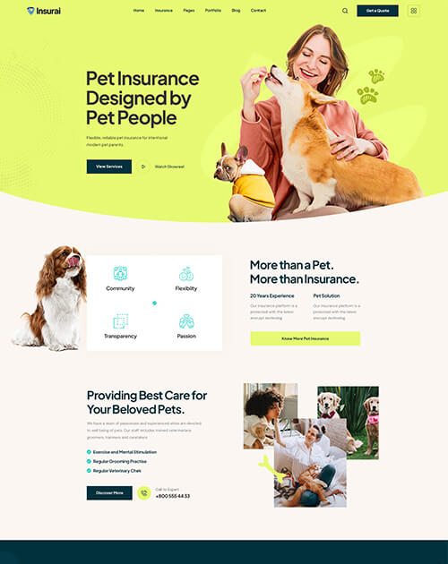 Website homepage for Insurai, offering pet insurance with a caring approach.