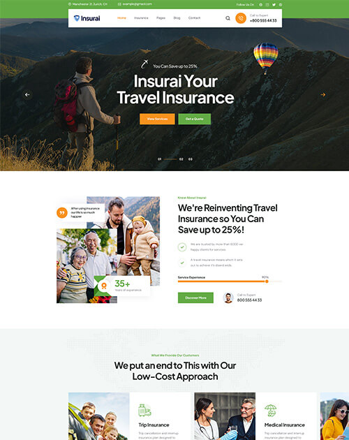 Travel insurance website with mountain backdrop and family-focused benefits.