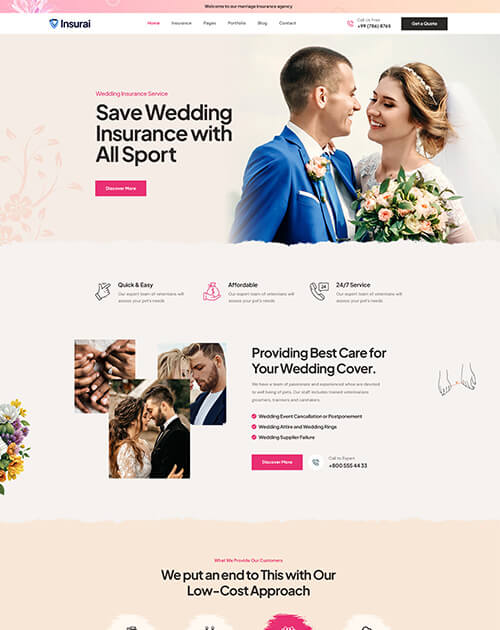 Wedding insurance service advertisement featuring a happy couple and insurance benefits.