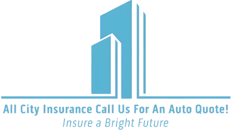 Logo for All City Insurance with a blue city skyline and tagline.