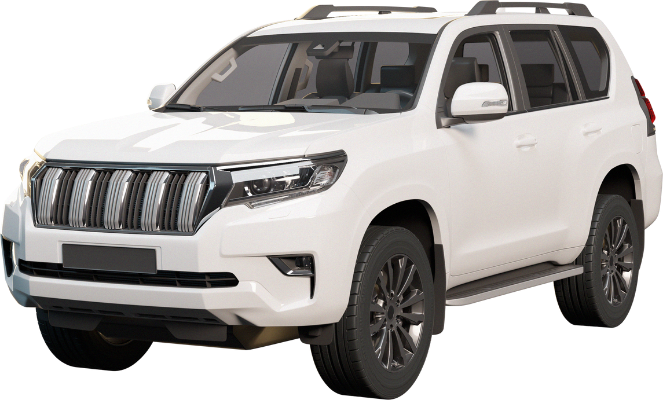 White modern SUV with black grille and roof rails.